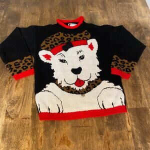 VTG Jet Set black white dog cheetah‎ knit girls pullover sweater SIZE 7/8
